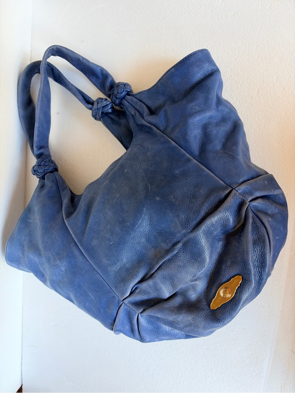 Elliott Lucca distressed blue leather hobo shoulder bag